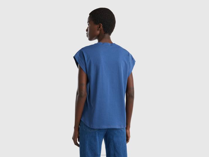 vrouwen Benetton T-shirt van 100% katoen met V-hals blauw 4R62360