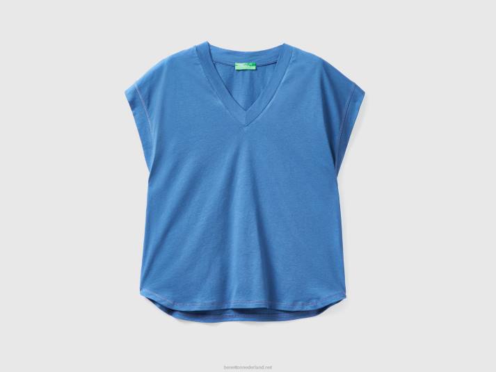 vrouwen Benetton T-shirt van 100% katoen met V-hals blauw 4R62360