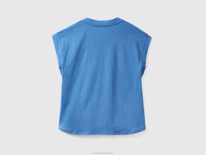 vrouwen Benetton T-shirt van 100% katoen met V-hals blauw 4R62360
