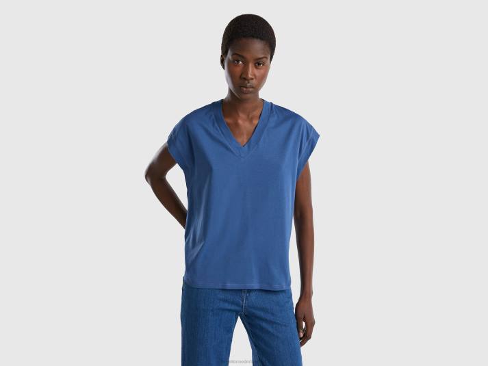 vrouwen Benetton T-shirt van 100% katoen met V-hals blauw 4R623787