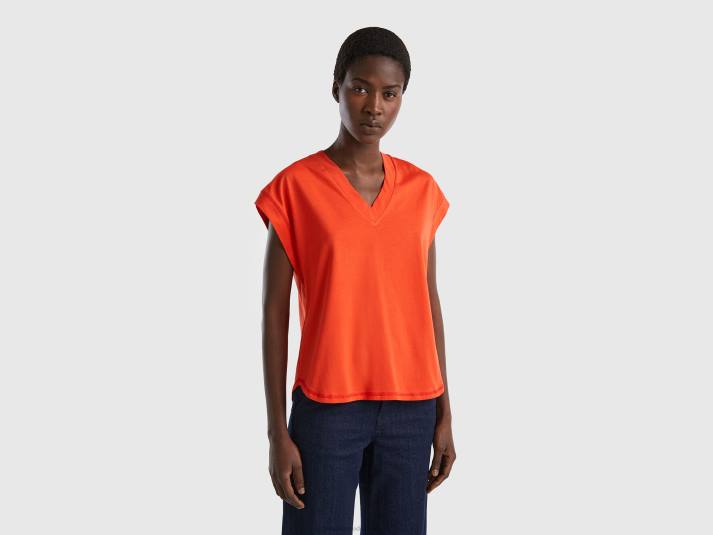 vrouwen Benetton T-shirt van 100% katoen met V-hals rood 4R623856