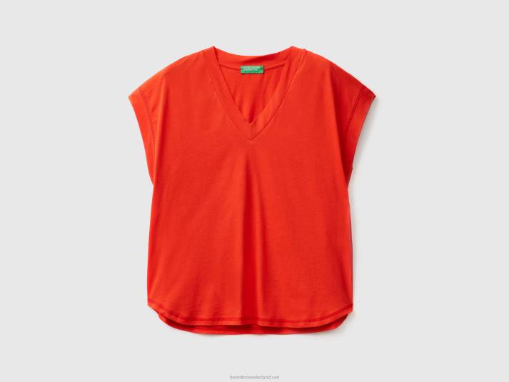 vrouwen Benetton T-shirt van 100% katoen met V-hals rood 4R623856
