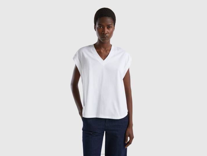 vrouwen Benetton T-shirt van 100% katoen met V-hals wit 4R62331