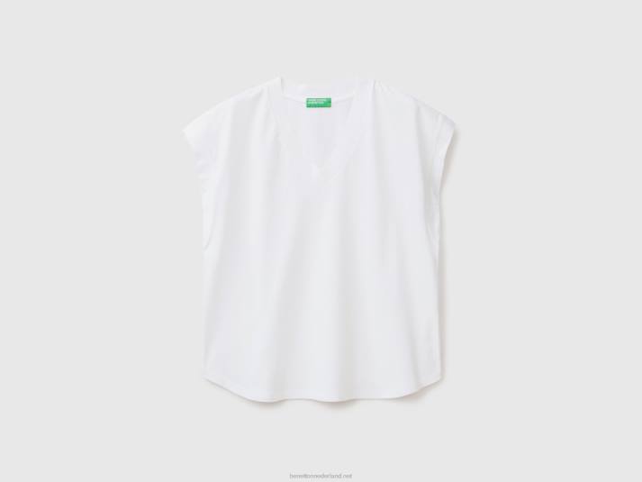 vrouwen Benetton T-shirt van 100% katoen met V-hals wit 4R62331