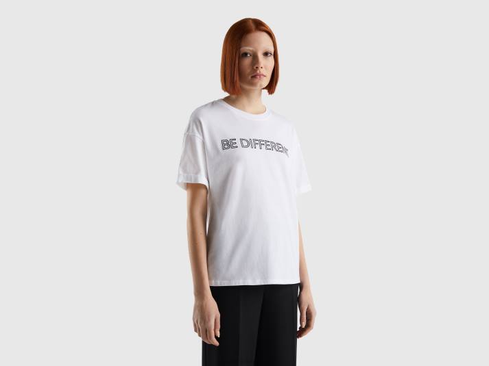 vrouwen Benetton T-shirt van 100% katoen met slogan wit 4R623878