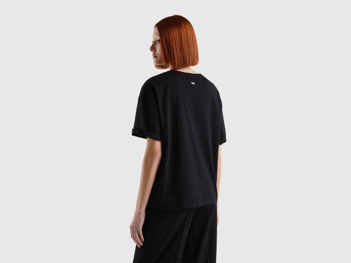 vrouwen Benetton T-shirt van 100% katoen met slogan zwart 4R623877