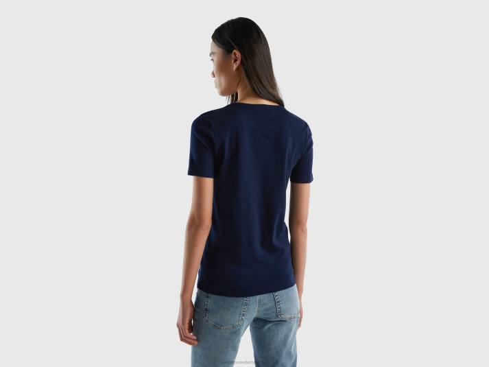 vrouwen Benetton T-shirt van lang vezelkatoen donkerblauw 4R623919