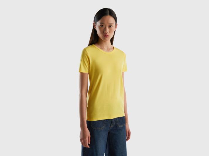 vrouwen Benetton T-shirt van lang vezelkatoen geel 4R623833