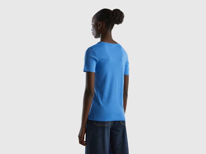 vrouwen Benetton T-shirt van lang vezelkatoen lichtblauw 4R623853