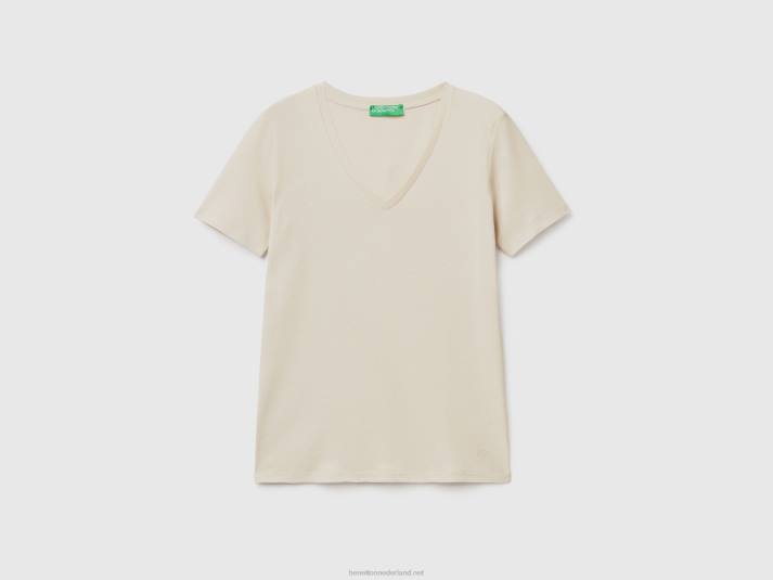 vrouwen Benetton T-shirt van puur katoen met v-hals beige 4R623917
