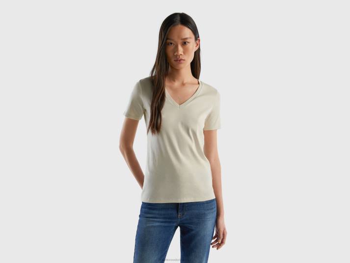 vrouwen Benetton T-shirt van puur katoen met v-hals beige 4R62444