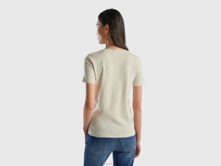 vrouwen Benetton T-shirt van puur katoen met v-hals beige 4R62444