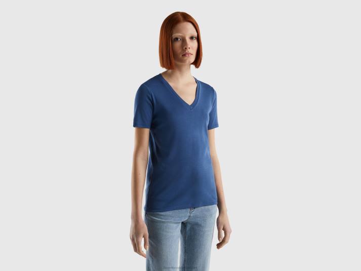 vrouwen Benetton T-shirt van puur katoen met v-hals blauw 4R623910