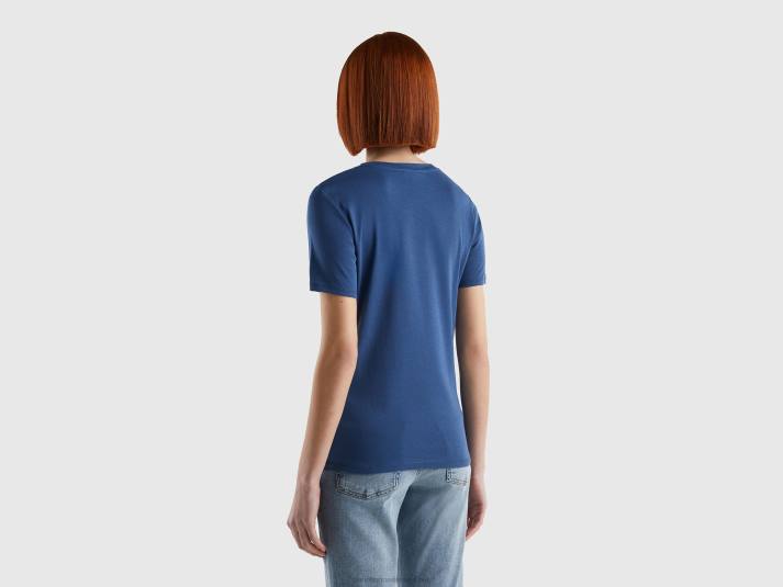 vrouwen Benetton T-shirt van puur katoen met v-hals blauw 4R623910