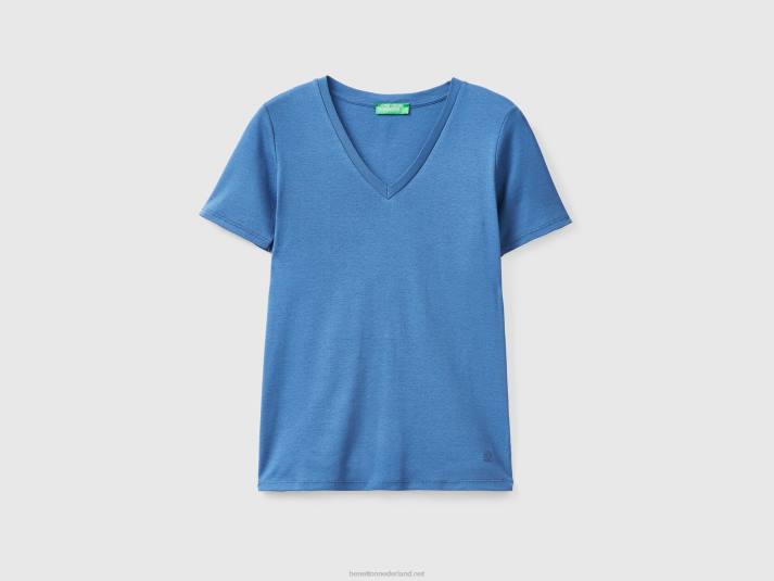 vrouwen Benetton T-shirt van puur katoen met v-hals blauw 4R623910