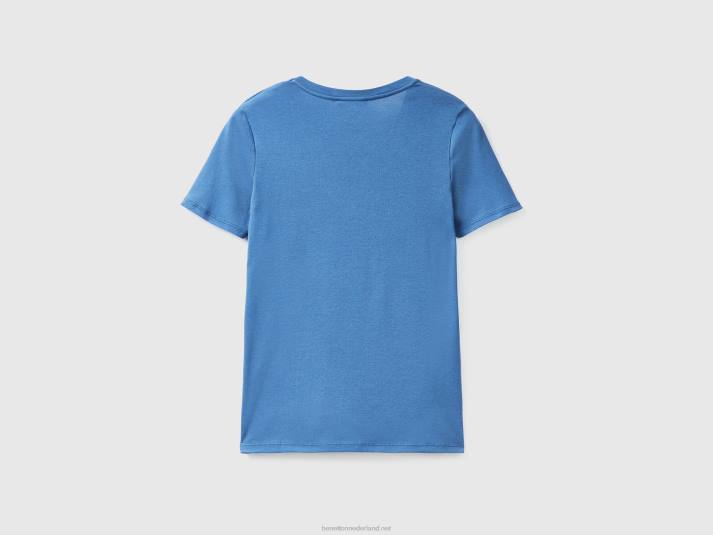 vrouwen Benetton T-shirt van puur katoen met v-hals blauw 4R623910
