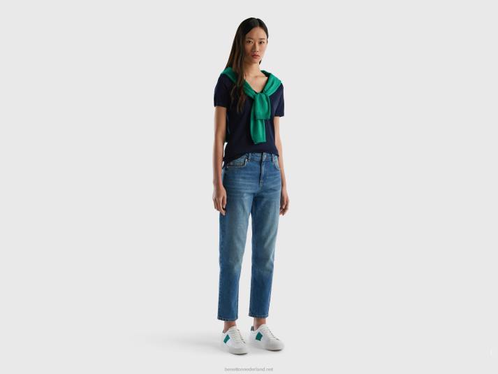vrouwen Benetton T-shirt van puur katoen met v-hals donkerblauw 4R623904