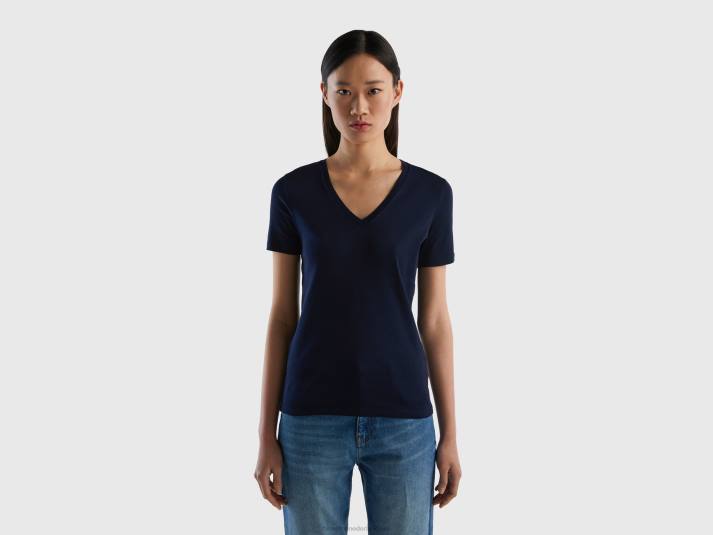 vrouwen Benetton T-shirt van puur katoen met v-hals donkerblauw 4R62445