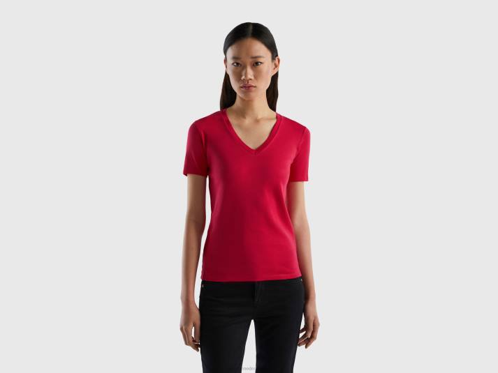 vrouwen Benetton T-shirt van puur katoen met v-hals fuchsia 4R62318