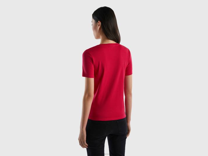 vrouwen Benetton T-shirt van puur katoen met v-hals fuchsia 4R62318