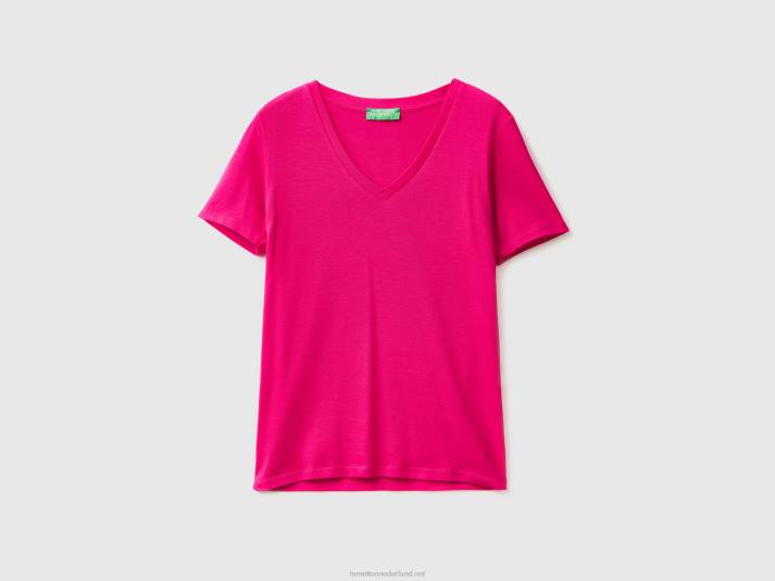 vrouwen Benetton T-shirt van puur katoen met v-hals fuchsia 4R62318