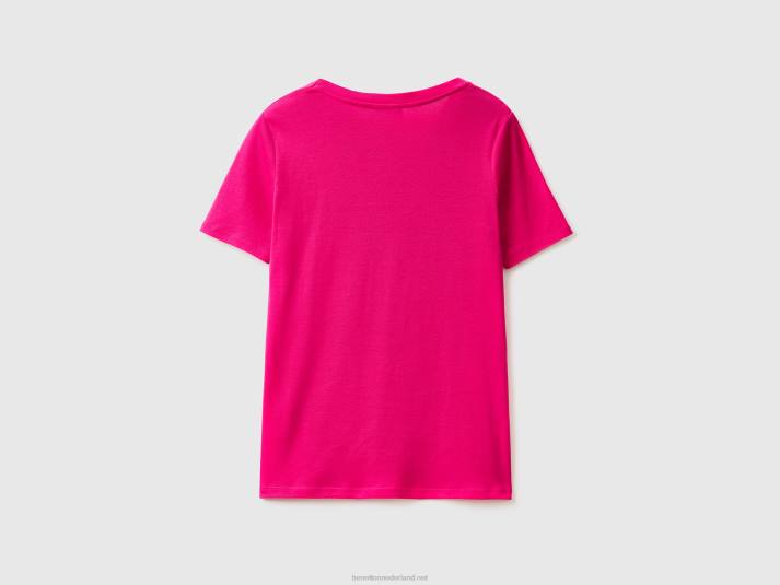 vrouwen Benetton T-shirt van puur katoen met v-hals fuchsia 4R623794
