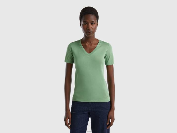 vrouwen Benetton T-shirt van puur katoen met v-hals groente 4R62417