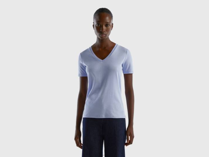 vrouwen Benetton T-shirt van puur katoen met v-hals lavendel 4R62375