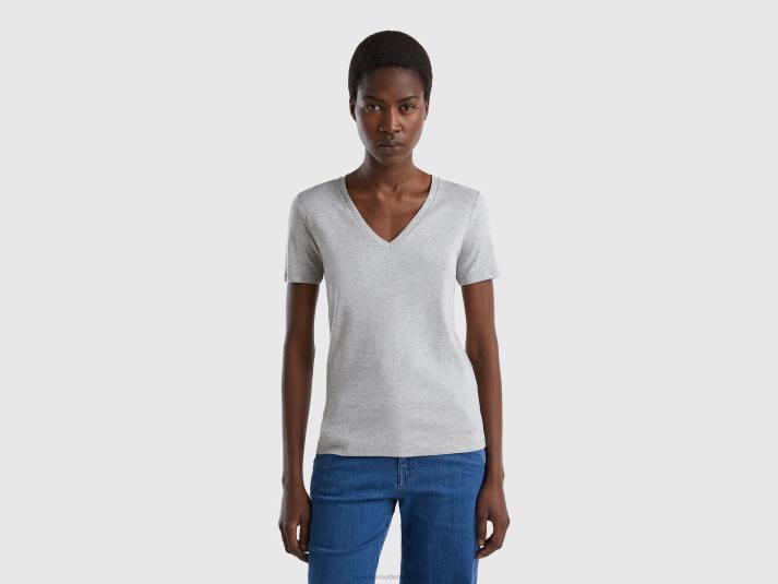 vrouwen Benetton T-shirt van puur katoen met v-hals lichtgrijs 4R623902