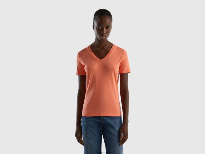 vrouwen Benetton T-shirt van puur katoen met v-hals oranje 4R62379