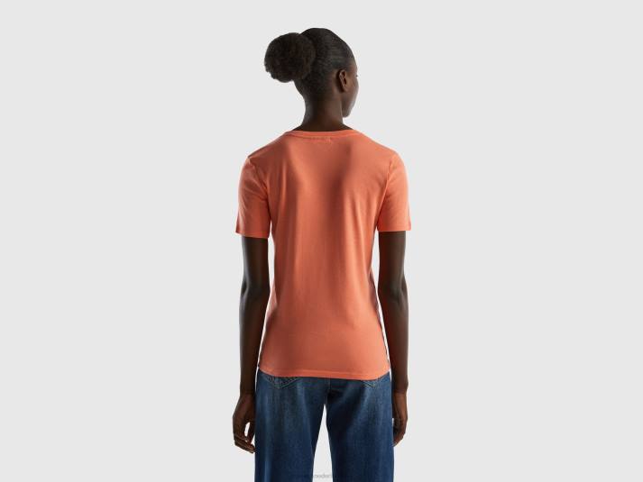 vrouwen Benetton T-shirt van puur katoen met v-hals oranje 4R62379