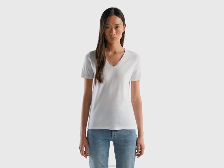 vrouwen Benetton T-shirt van puur katoen met v-hals wit 4R623916