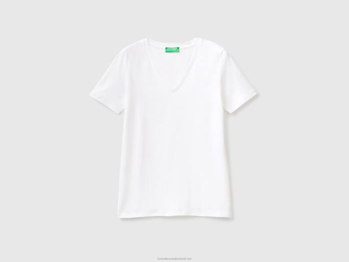 vrouwen Benetton T-shirt van puur katoen met v-hals wit 4R62443