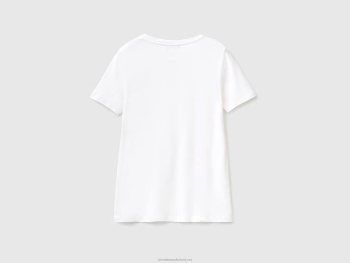 vrouwen Benetton T-shirt van puur katoen met v-hals wit 4R62443