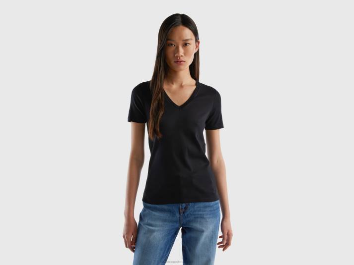 vrouwen Benetton T-shirt van puur katoen met v-hals zwart 4R623930