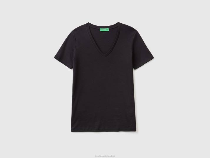 vrouwen Benetton T-shirt van puur katoen met v-hals zwart 4R623930