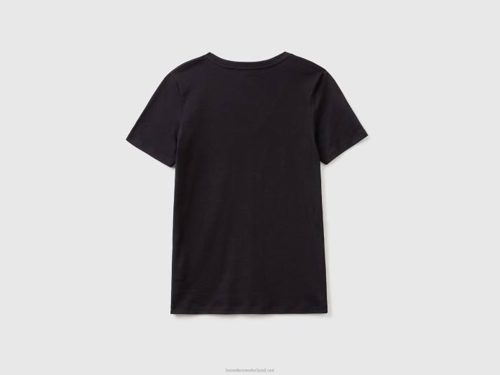 vrouwen Benetton T-shirt van puur katoen met v-hals zwart 4R623930