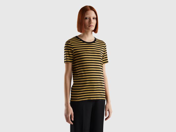 vrouwen Benetton gestreept T-shirt met ronde hals mosterd 4R623893