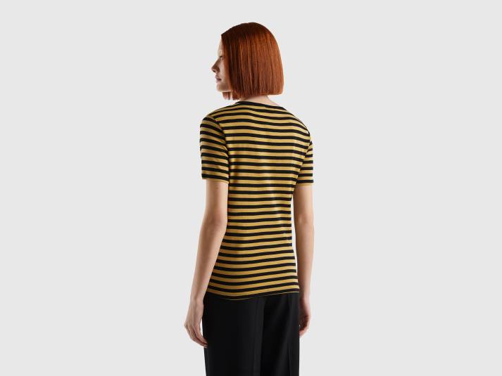 vrouwen Benetton gestreept T-shirt met ronde hals mosterd 4R623893