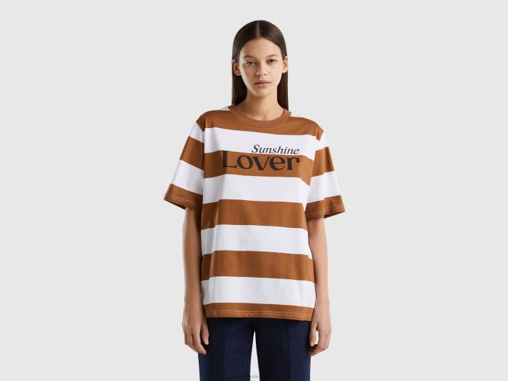 vrouwen Benetton gestreept t-shirt met slogan beige 4R62394
