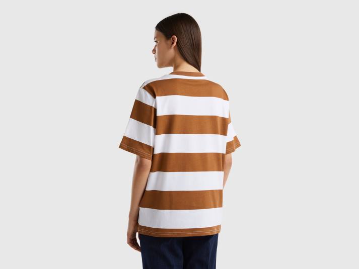 vrouwen Benetton gestreept t-shirt met slogan beige 4R62394