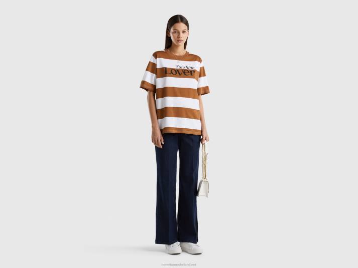 vrouwen Benetton gestreept t-shirt met slogan beige 4R62394