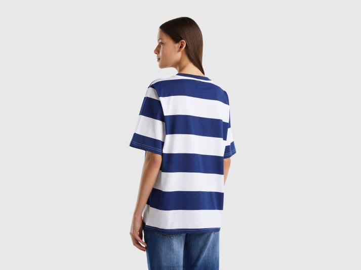 vrouwen Benetton gestreept t-shirt met slogan blauw 4R62321