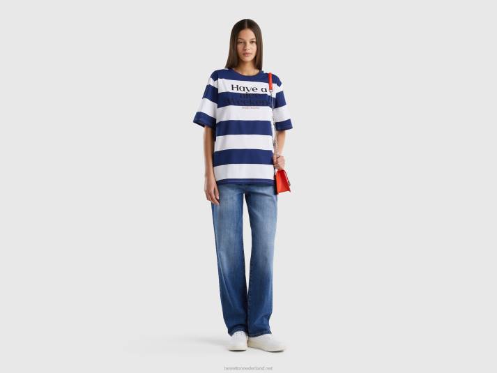 vrouwen Benetton gestreept t-shirt met slogan blauw 4R62321