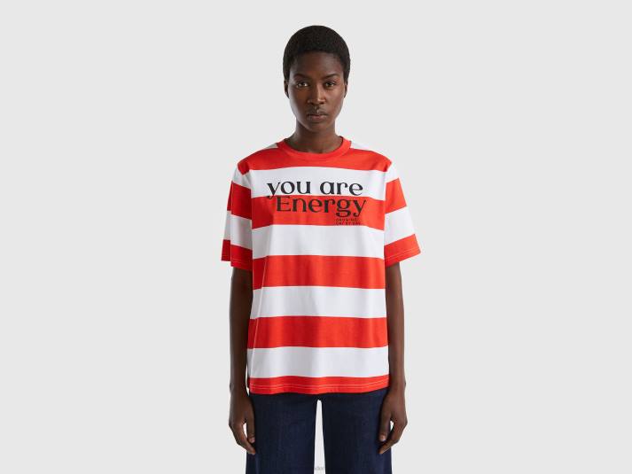vrouwen Benetton gestreept t-shirt met slogan rood 4R623824