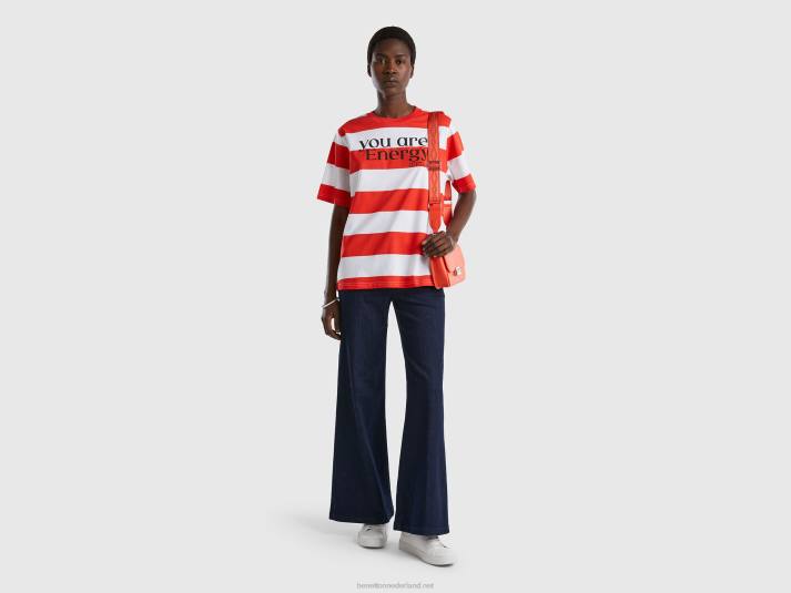 vrouwen Benetton gestreept t-shirt met slogan rood 4R62388
