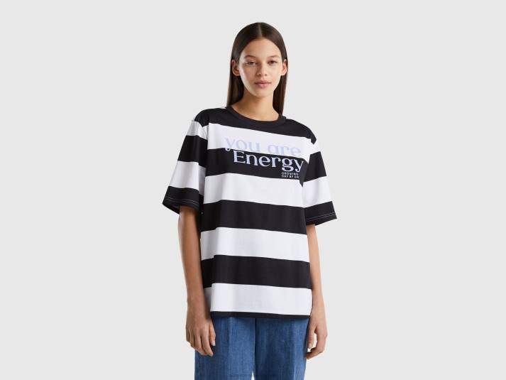 vrouwen Benetton gestreept t-shirt met slogan zwart 4R623879