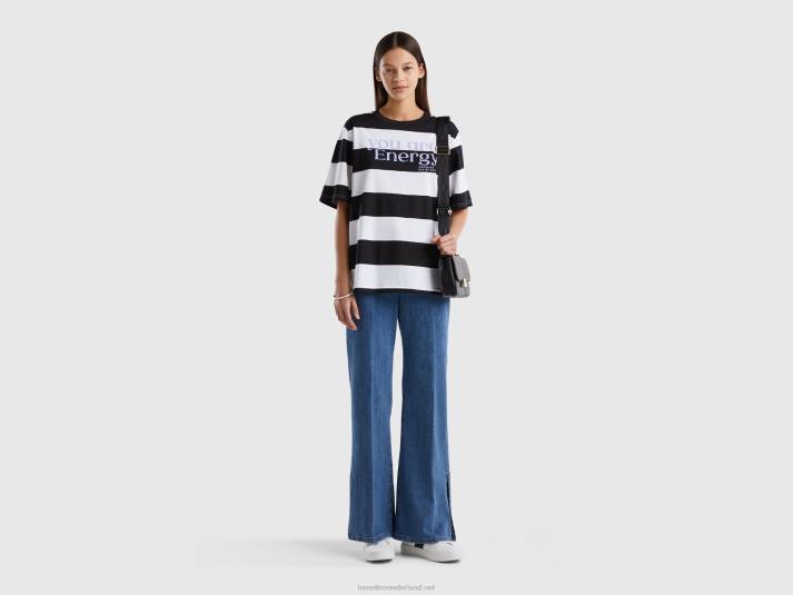vrouwen Benetton gestreept t-shirt met slogan zwart 4R623879