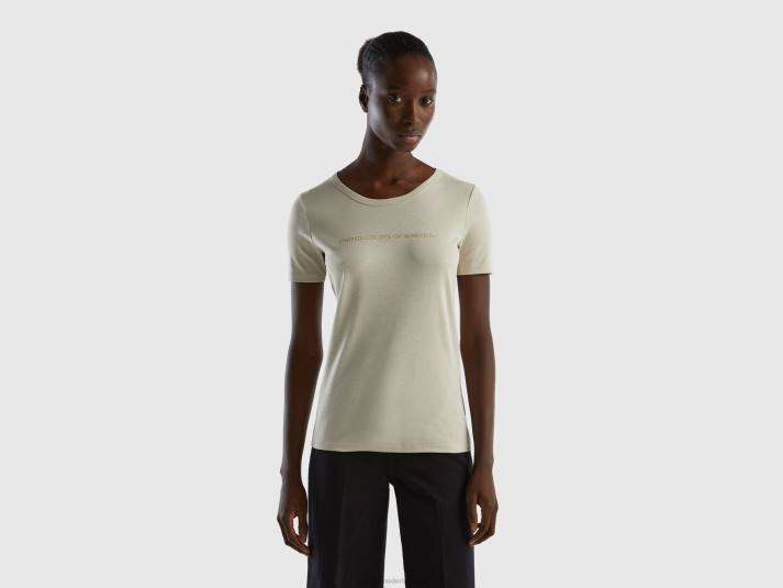 vrouwen Benetton t-shirt van 100% katoen met glitterlogoprint beige 4R62453