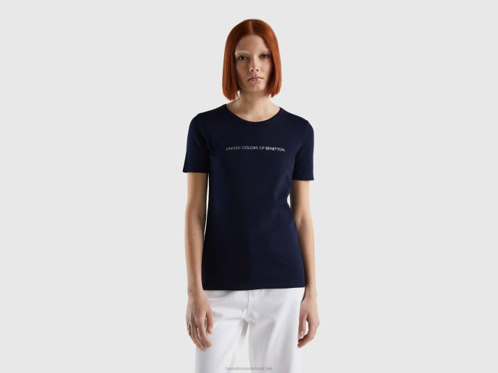 vrouwen Benetton t-shirt van 100% katoen met glitterlogoprint donkerblauw 4R62469